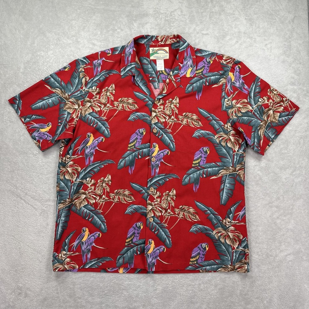 Paradise Found Shirt Mens Large Red Hawaiian Jungle Bird Magnum P I Tropical